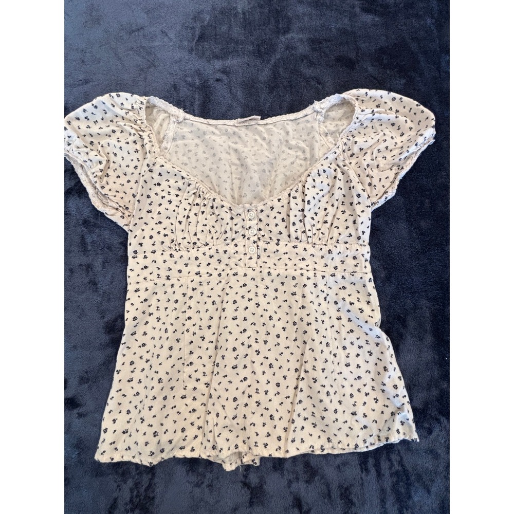 John Galt California Floral Puff Sleeve Smocked Back Blouse Cream Navy Blue